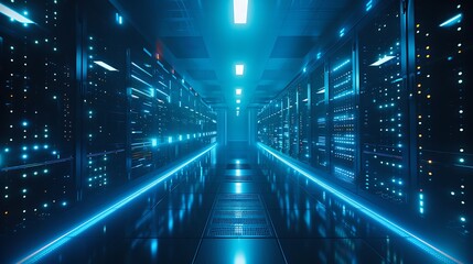 Wall Mural - An ultra-modern server room with glowing blue lights, advanced firewalls, and encrypted data flowing through networks. The background is dark blue. 8k, realistic,