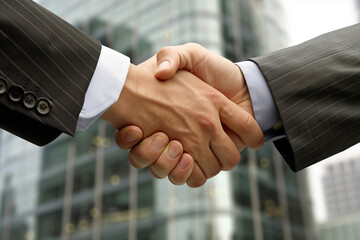 Poster - Two men shaking hands in a business meeting. Scene is professional and formal. The handshake symbolizes agreement and trust between the two men