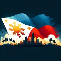 Wall Mural - Illustration for Philippines Independence Day with Philippine flag and city skyline silhouette.