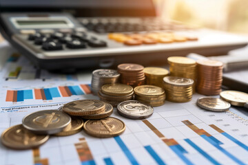 Poster - A pile of coins and a calculator sit on a table with a graph. The graph shows a downward trend, which could indicate a financial loss or a decrease in value
