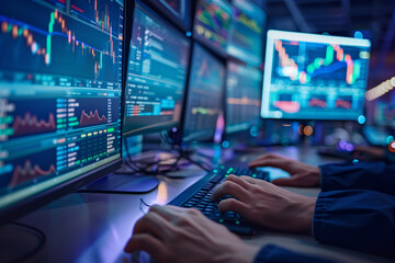 Poster - a man is sitting in front of a computer monitor with multiple screens displaying financial data. he 