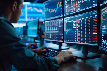 Poster - a man is sitting in front of a computer monitor with multiple screens displaying financial data. he 