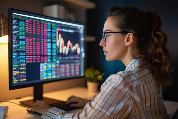 Poster - a woman is sitting at a desk in front of a computer monitor, looking at the screen intently. she is 