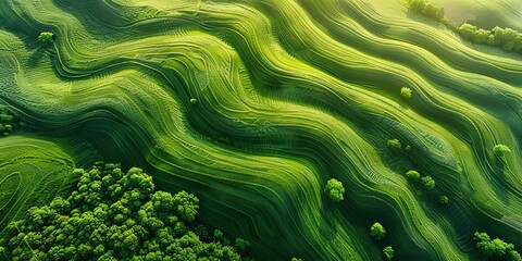 Wall Mural - Aerial view of vibrant green undulating fields with natural patterns contrasting with the barren patches