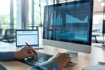 Poster - a man is working on a computer with a monitor displaying a graph. the man is typing on a keyboard