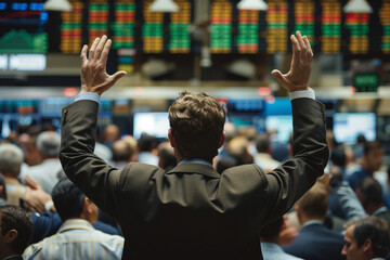 Poster - a man in a suit is standing in front of a crowd of people, raising his hands in the air. the atmosph