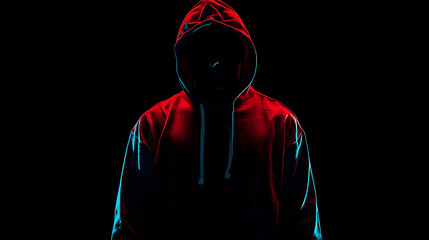 Poster - Mysterious man wit hoodie in silhouette isolated on black background : Generative AI