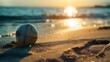 a volleyball ball lies on the sand by the sea, free space on the left, summer sports, volleyball 