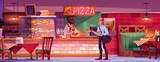 Fototapeta Panele - Pizzeria cafe interior with male cashier and customer characters. Cartoon vector male person with pizza and soda, pizzaiolo with takeaway box inside of fast food restaurant with tables and bar counter