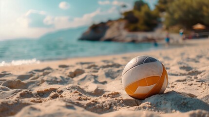 Wall Mural - a volleyball ball lies on the sand by the sea, free space on the left, summer sports, volleyball 