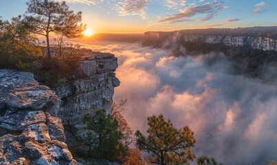 Wall Mural - Fog envelopes the Little River Canyon National Preserve at sunrise from a high sandstone cliff, Fort Payne, Alabama. Panorama.