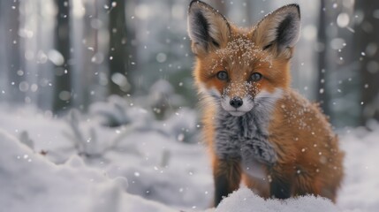 Brown fox cubs in the snow field winter spread