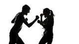 Silhouette of anonymous people on a white background fighting and being rude  They are expressing anger with violence and confronting in an aggressive manner : Generative AI