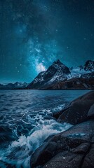 Wall Mural - Picturesque landscape of mountain ridge near wavy sea under starry sky at night