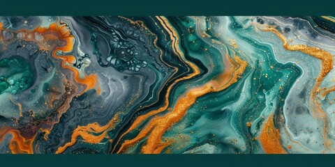 Wall Mural - Flowing Modern Acrylic Pour Wallpaper in Beautiful Teal and Orange colors. Liquid texture with Gold Glitter.