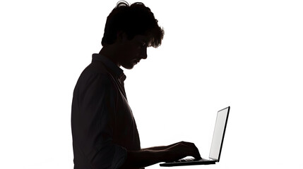 Poster - Silhouette of young man using laptop on white background : Generative AI