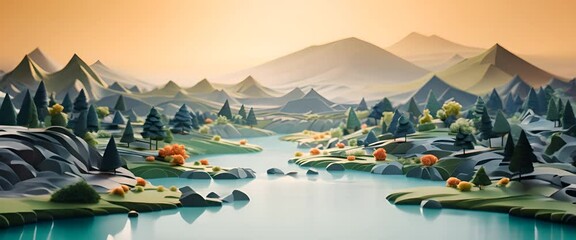 Wall Mural - Minimalist 3D-rendered paper-cut of shrinking freshwater reserves, blurred water body background,