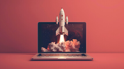 Poster - a laptop sits open on a minimalist color background, featuring a graphic of a steampunk space rocket