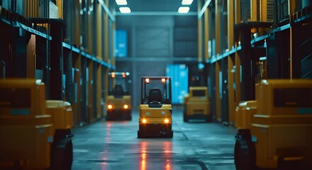 Poster - Scene depicting AI forklifts equipped with voice recognition, receiving verbal instructions from operators,