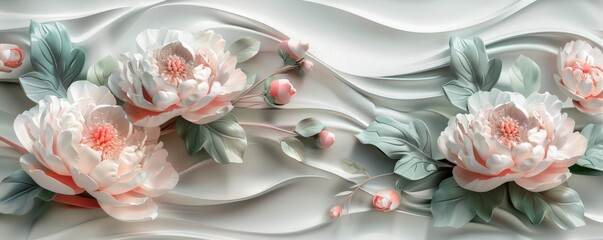 Wall Mural - 3D wallpaper, pink and grey peonies with green leaves on wave background