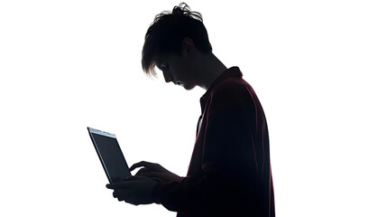 Poster - Silhouette of young man using laptop on white background : Generative AI