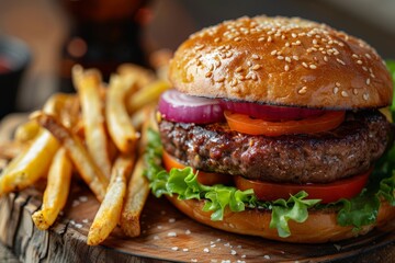 Wall Mural - Mouthwatering grilled cheeseburger with fresh onion slices, tomatoes, and crispy French fries