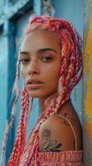 Wall Mural - Woman with pink braids near wall