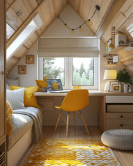 Child room in modern design in the attic with window. Desk with chair and sofa with yellow decor in cozy interior for children. Carpet on wooden floor. Vertical.Scandinavian style.