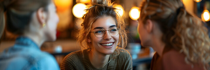 Poster - Photo realistic shot of friends chatting over coffee at a cozy cafe, capturing warmth, connection, and casual interactions with natural expressions in a relaxed setting