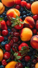 Wall Mural - Close up of mixed summer fruit: berries, peaches, cherries.