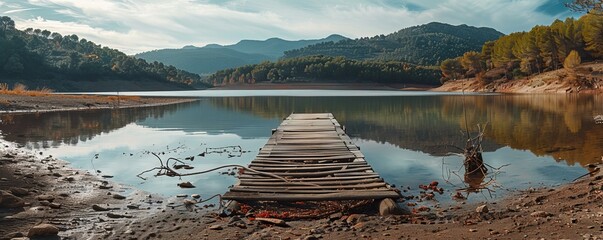 Wall Mural - Abandoned dock at the Sau reservoir, Panta de Sau, due to Catalonia's biggest drought in history