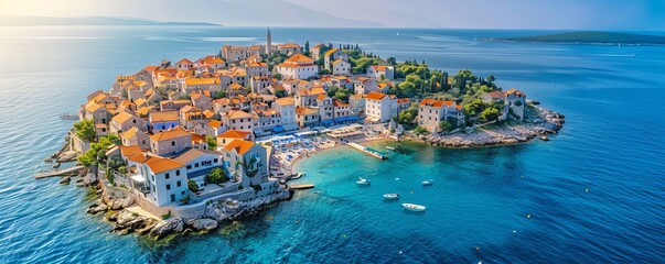 Poster - Aerial drone view of the old and historical center of Primosten, Sibenik, Croatia.