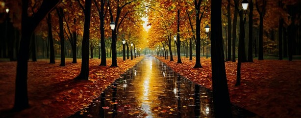 Poster - A path through a forest with a lot of leaves on the ground