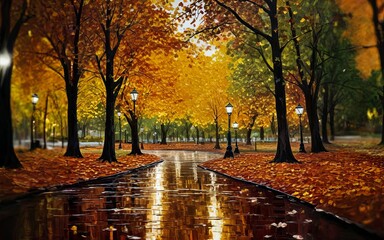 Poster - A painting of a park with trees and a path