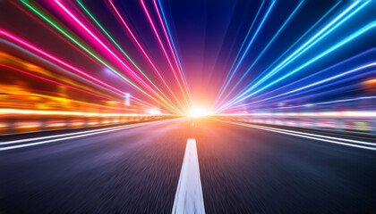 Wall Mural - super highway asphalt straight road with blur colorful neon nigh light trail fast speed moving for r
