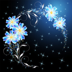 Wall Mural - Fairytale floral round frame in amazing night sky with sparkle stars and transparent flowers. Fantasy mysterious background.