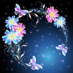 Wall Mural - Fairytale floral round frame and magic butterflies in amazing night sky with sparkle stars and flowers. Fantasy mysterious background.