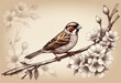Sparrow bird finch perched on a branch with blooming flowers, sketch vintage illustration