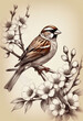 Sparrow bird finch perched on a branch with blooming flowers, sketch vintage illustration
