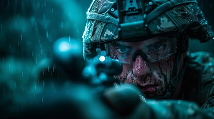 Soldier aiming weapon in rain with mud-splattered face during intense military operation