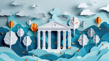 Papercut art of a white building with columns and a dome. The building is surrounded by trees and leaves, and the sky is cloudy. Scene is peaceful and serene, with the water