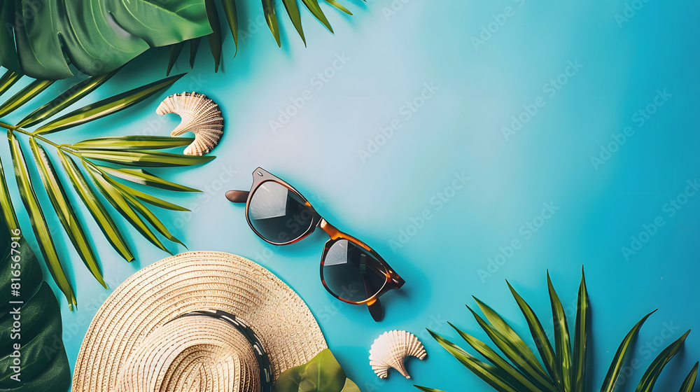 Tropical summer background with beach accessories, sunglasses and straw ...