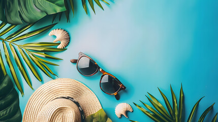 Wall Mural - Tropical summer background with beach accessories, sunglasses and straw hat on blue background. Travel concept with copy space for text or design