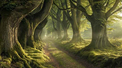 Wall Mural - Enchanted forest path at sunrise