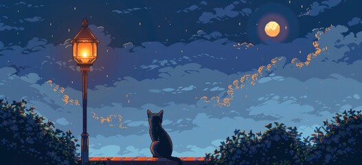 Pixel art of cat sitting under street lamp night sky