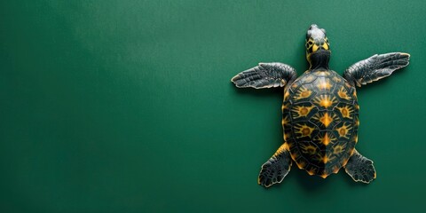 Wall Mural - Turtle in the center of an isolated green background. World Turtle Day