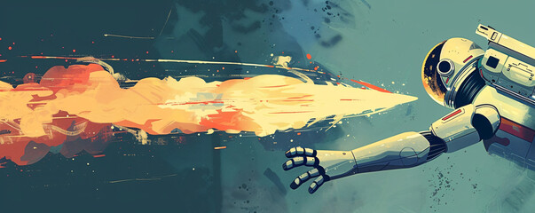 Poster - a minimalist color background sets the stage for a striking scene of a space rocket blasting off int