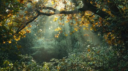 Wall Mural - Renewed woodland vibrant foliage and sunlight beams