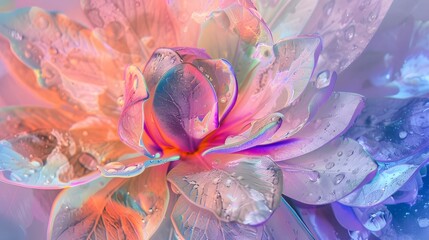 Abstract artistic flower background, close-up macro flower with water droplets, modern contemporary 3d digital art, colourful jewelry crystal texture, surreal fantasy floral nature landscape wallpaper