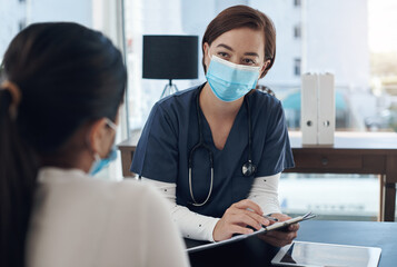 Poster - Tablet, woman and doctor for patient with office, hospital and diagnosis or treatment research. Digital technology, healthcare or medical worker with mask, consultation and clinic for symptom checkup